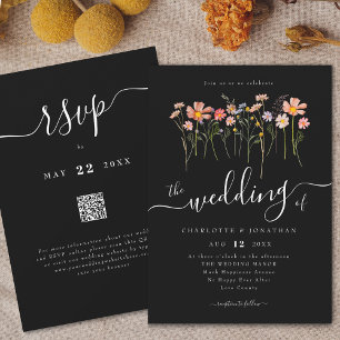Wildflower Meadow Floral Black & White QR code Invitation
