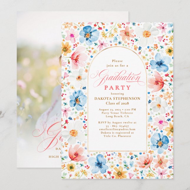 Wildflower Meadow Floral Elegant Garden Graduation Invitation (Front/Back)