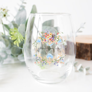 Wildflower Meadow   Floral Wedding Crest  Stemless Wine Glass