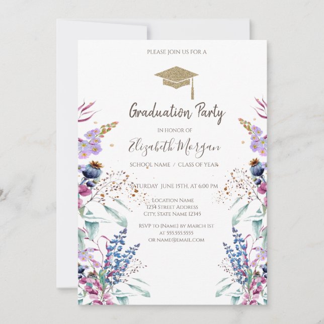 Wildflower Meadow Glitter Graduation Cap Invitation (Front)