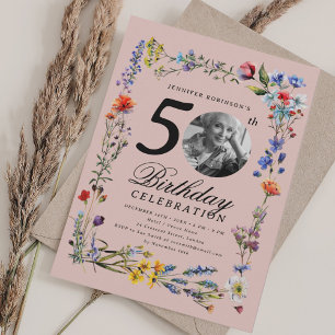 Wildflower Meadow Photo 50th Birthday Blush Pink  Invitation