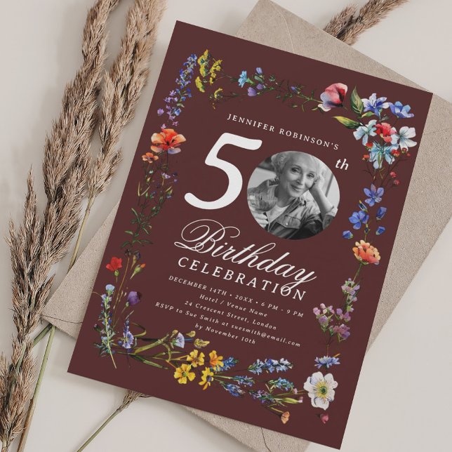 Wildflower Meadow Photo 50th Birthday Burgundy  Invitation (Wildflower Meadow Photo 50th Birthday Burgundy Invitation)