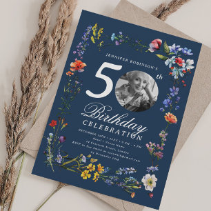 Wildflower Meadow Photo 50th Birthday Navy Blue Invitation