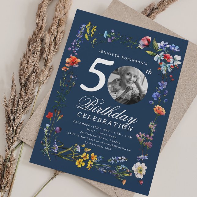 Wildflower Meadow Photo 50th Birthday Navy Blue  Invitation (Wildflower Meadow Photo 50th Birthday Navy Blue Invitation)