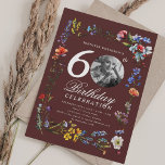 Wildflower Meadow Photo 60th Birthday Burgundy  Invitation<br><div class="desc">An elegant "60th Birthday" party invitation design with personalised photo,  modern typography and wildflower motif.</div>