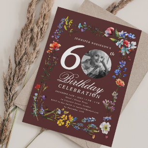 Wildflower Meadow Photo 60th Birthday Burgundy Invitation