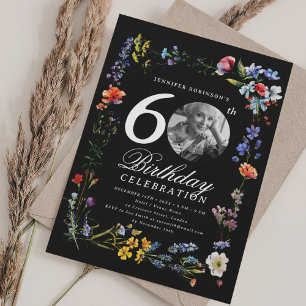 Wildflower Meadow Photo 60th Birthday Party Black  Invitation