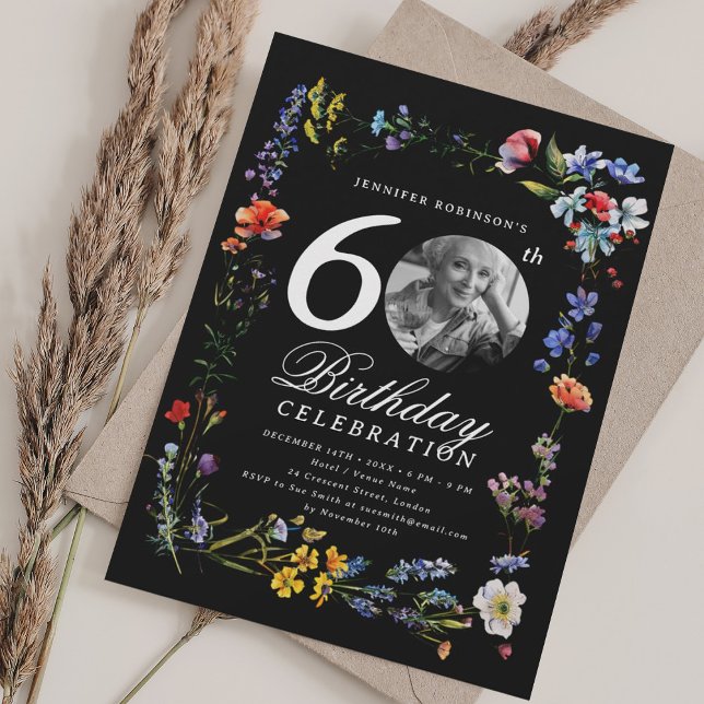 Wildflower Meadow Photo 60th Birthday Party Black  Invitation (Wildflower Meadow Photo 60th Birthday Party Black Invitation)