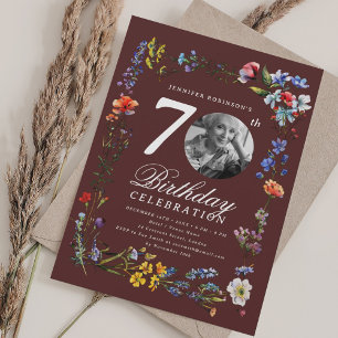 Wildflower Meadow Photo 70th Birthday Burgundy Invitation