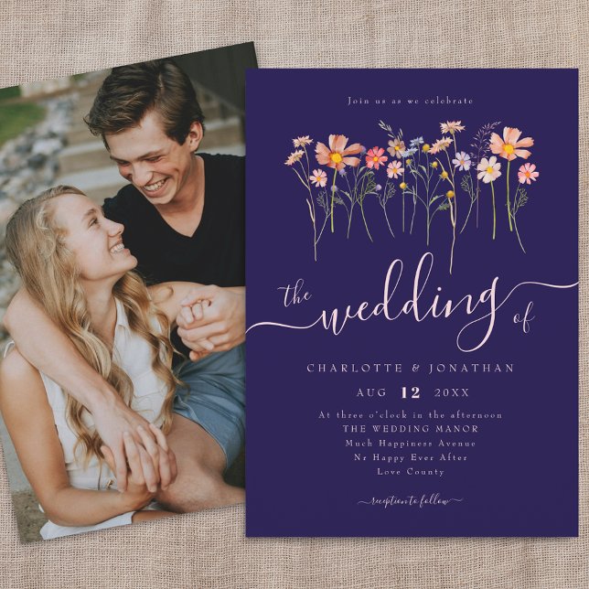 Wildflower Meadow Photo Navy Blue & Blush Pink  Invitation (Wildflower meadow fall florals photo navy blue and blush pink wedding invitation Elegant script)