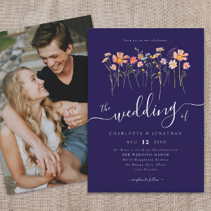 Wildflower Meadow Script Photo Navy Blue & White Invitation