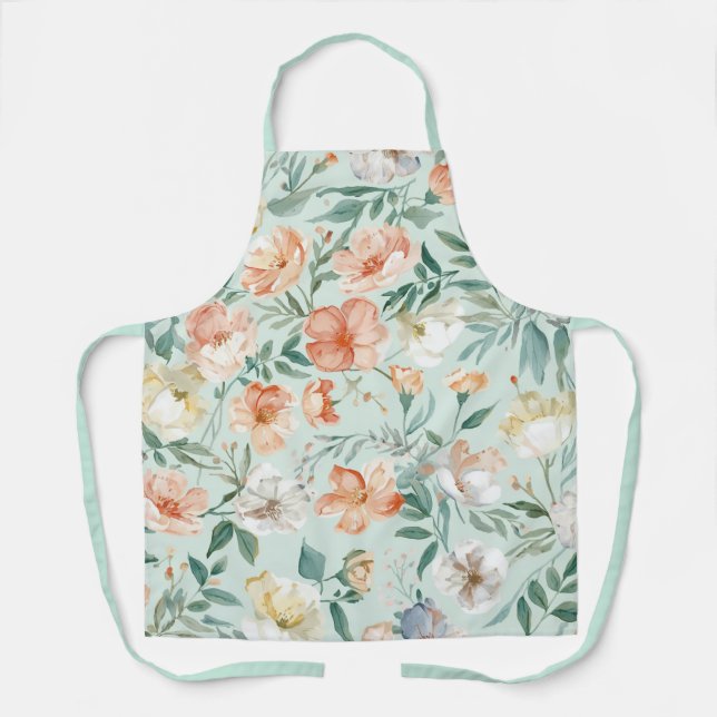 Wildflower Meadow Watercolor Blue Floral Pattern Apron (Front)