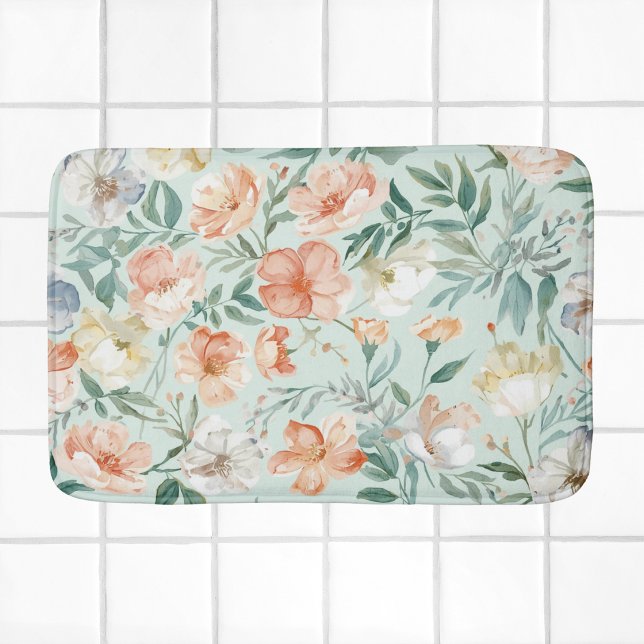 Wildflower Meadow Watercolor Blue Floral Pattern Bath Mat (Creator Uploaded)