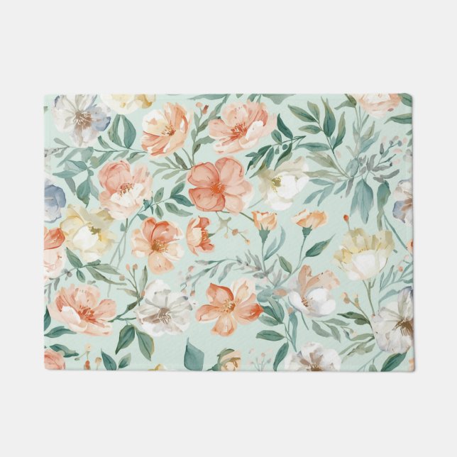 Wildflower Meadow Watercolor Blue Floral Pattern Doormat (Front)