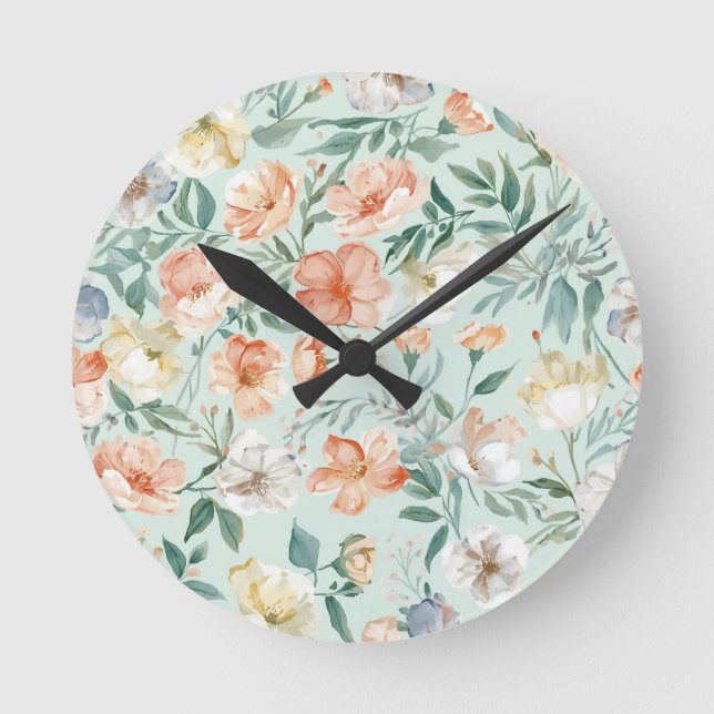 Wildflower Meadow Watercolor Blue Floral Pattern Round Clock (Front)