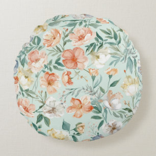 Wildflower Meadow Watercolor Blue Floral Pattern Round Cushion