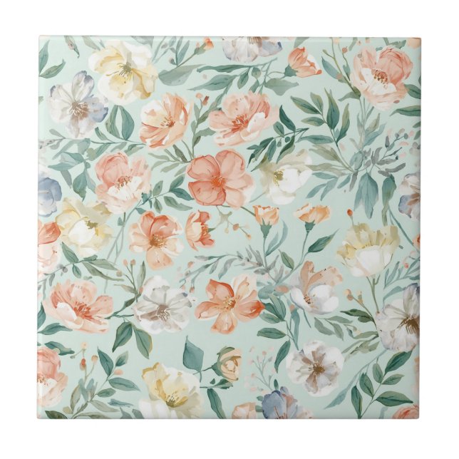 Wildflower Meadow Watercolor Blue Floral Pattern Tile (Front)