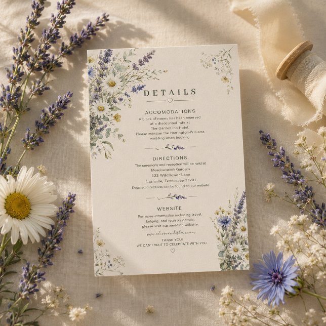 Wildflower Meadow Wedding Details Card (Elegant Details card styled with fresh wildflowers and soft natural light.)