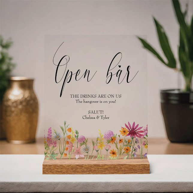 Wildflower Meadow Wedding Open Bar Acrylic Sign (Open Bar sign from the Wildflower Meadow wedding collection by Darling & May)