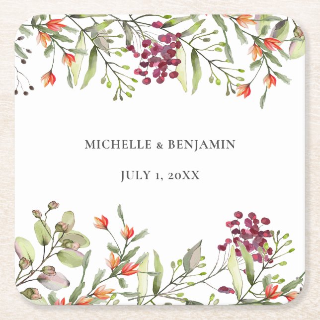 Wildflower Meadow Wedding Square Paper Coaster (Front)