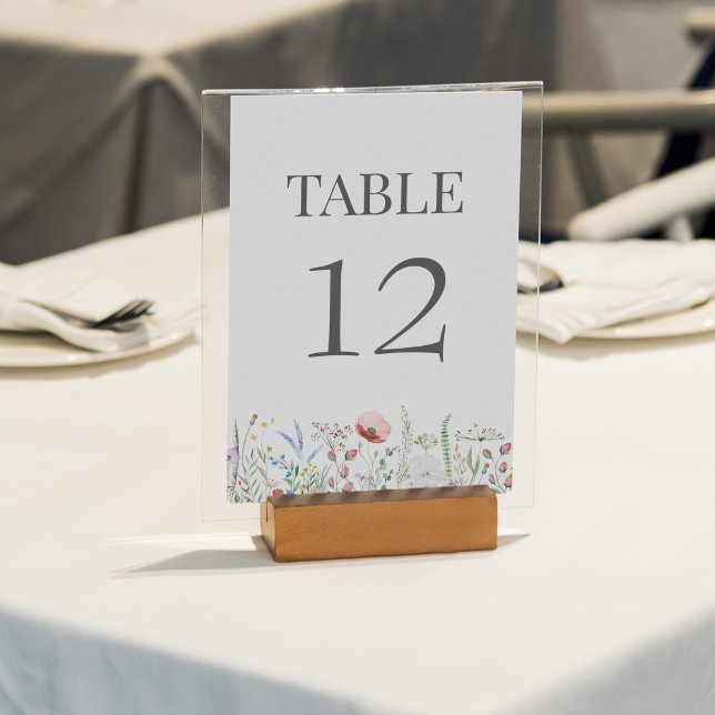 Wildflower Meadow Wedding Table Number (Wildflower Meadow Wedding Table Number Card on a sunny outdoor wedding table.)