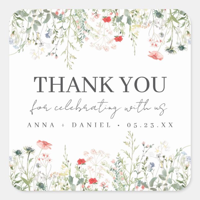 Wildflower Meadow Wedding Thank You Square Sticker (Front)