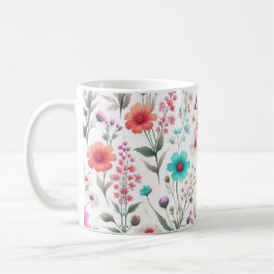 Wildflower meadow white, green, blue, brown, turq coffee mug
