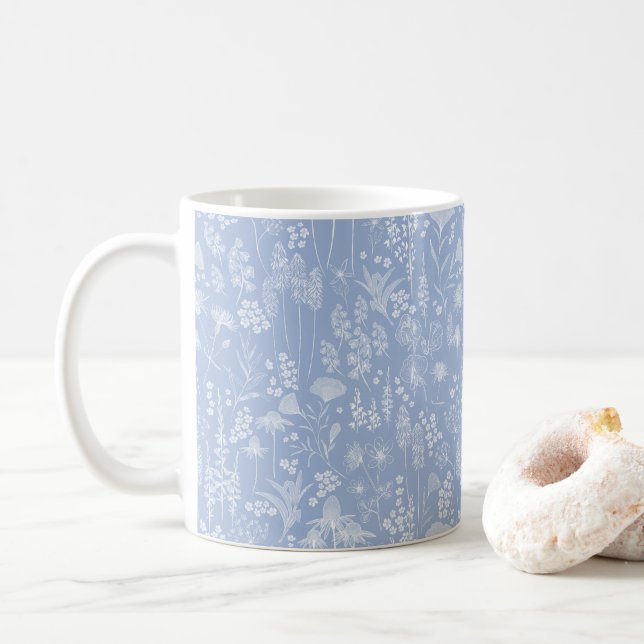 Wildflower meadow white on blue Coffee Mug (With Donut)