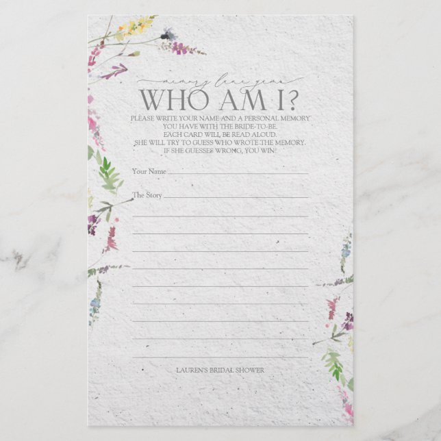Wildflower Memory Lane Bridal Shower Game (Front)