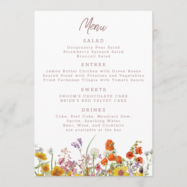 Wildflower Menu for Weddings and Events (Front)