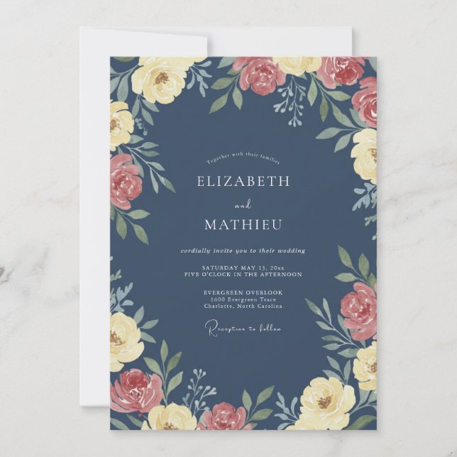 Wildflower Midnight Yellow Petal Wedding Invitation (Front)