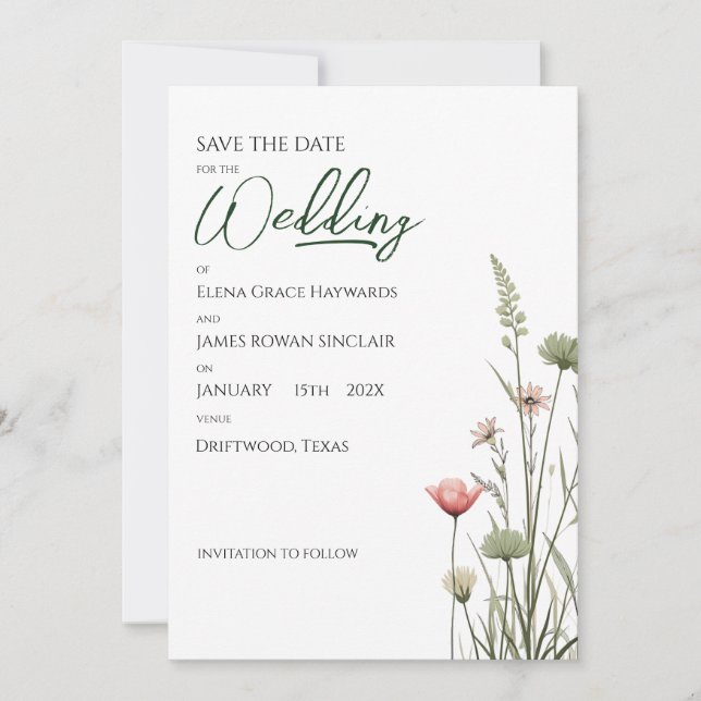 Wildflower Minimalist Boho Budget Save The Date Invitation (Front)