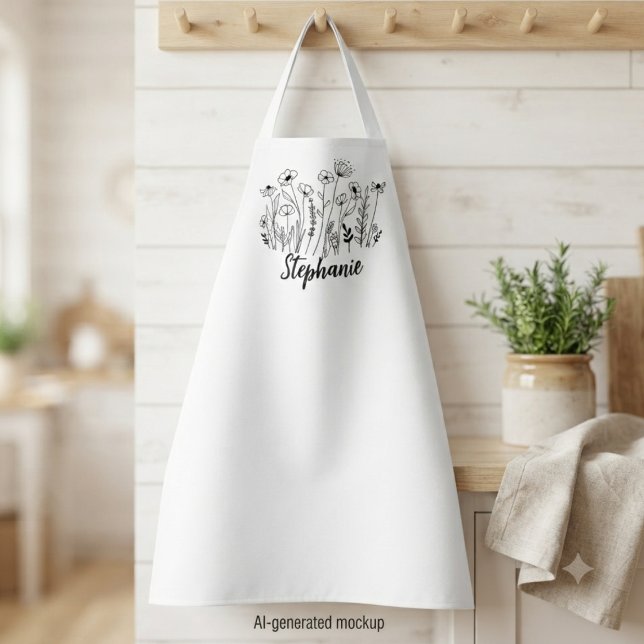 Wildflower minimalist line art black apron (Minimalist wildflower line art apron for a home chef's dinner party hosting.)