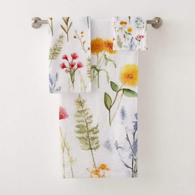 Wildflower Modern Botanical Watercolor Bath Towel Set (Insitu)