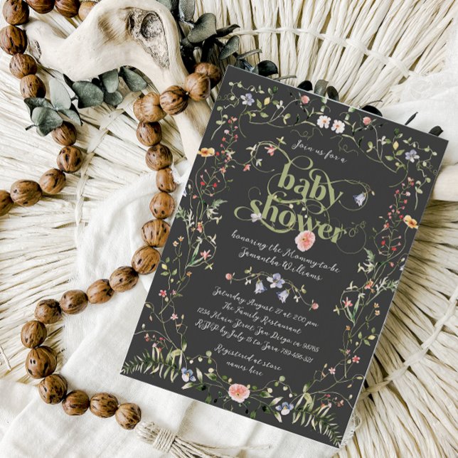Wildflower Modern Floral Dark Theme Baby Shower Invitation (Creator Uploaded)