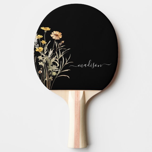 Wildflower Modern Monogram Black Elegant Ping Pong Paddle (Front)