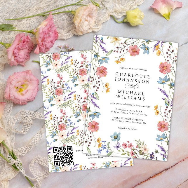 Wildflower Modern Rustic Garden QR Code Wedding Invitation (Creator Uploaded)