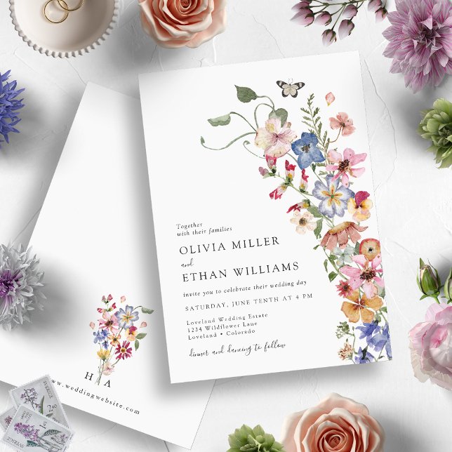 Wildflower Modern Wedding Invitation (Elegant Monogrammed Watercolor Wildflower Wedding Invitation by Painted Paperie)