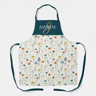 Wildflower Monogram Green Orange Name Apron