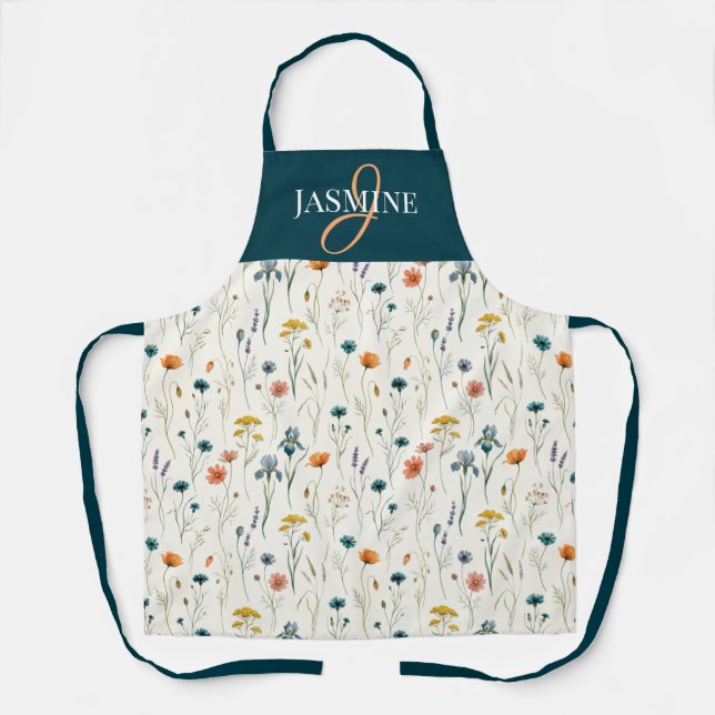 Wildflower Monogram Green Orange Name Apron (Front)