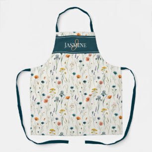 Wildflower Monogram Green Orange Name Apron