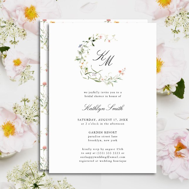 Wildflower Monogram Wreath Modern Bridal Shower Invitation (Creator Uploaded)