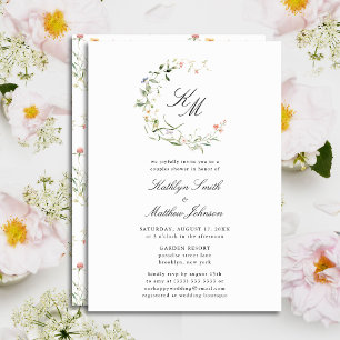 Wildflower Monogram Wreath Modern Couples Shower Invitation