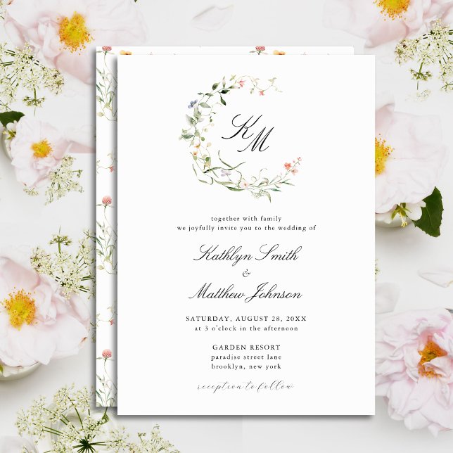 Wildflower Monogram Wreath Modern Garden Wedding Invitation (Creator Uploaded)