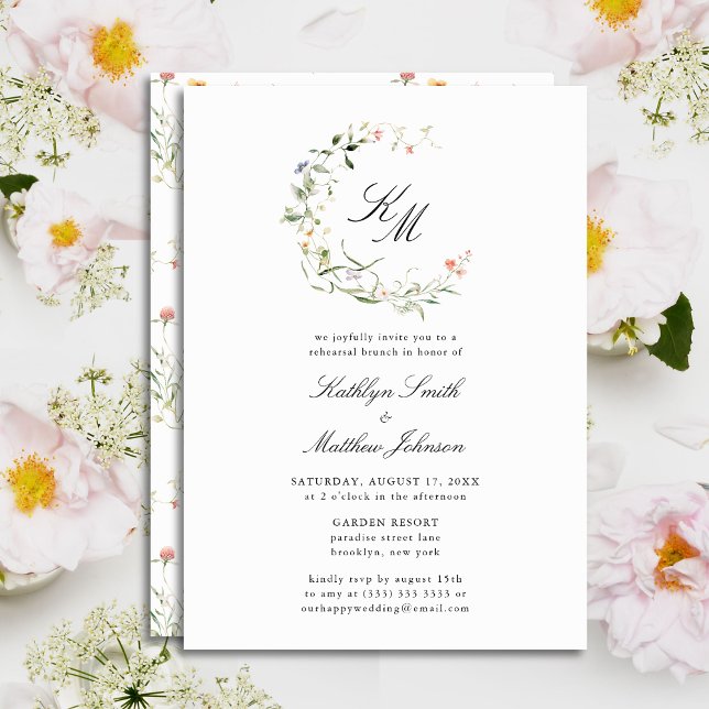 Wildflower Monogram Wreath Modern Rehearsal Brunch Invitation (Creator Uploaded)