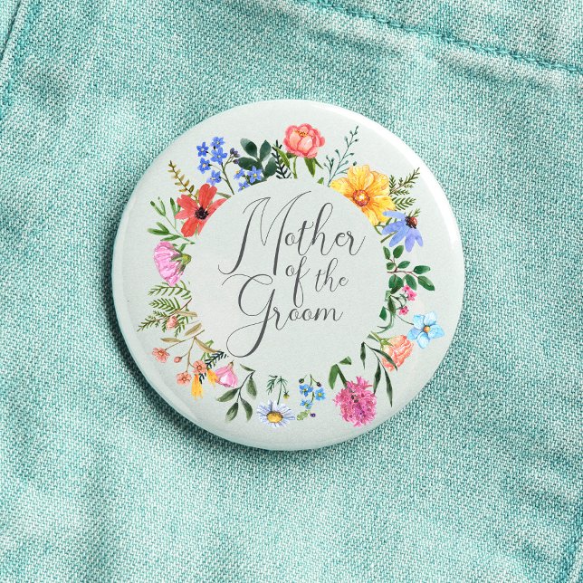 Wildflower Mother of the Groom Script Wedding  3 Cm Round Badge (Mother of the Groom  Wildflower Watercolor Floral Wreath Wedding Button
)