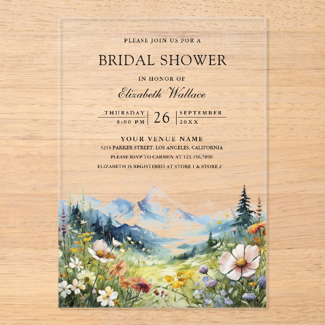 Wildflower Mountain Meadow Bridal Shower Acrylic Invitations (Front)