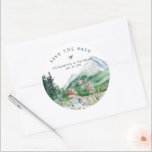 Wildflower Mountain | Wedding Save the Date Classic Round Sticker<br><div class="desc">Add a special touch to envelopes, goodie bags, handmade treats, and more with our rustic mountain stickers. Add your custom wording to this design by using the "Edit this design template" boxes on the right hand side of the item, or click the blue "Customise it" button to arrange the text,...</div>