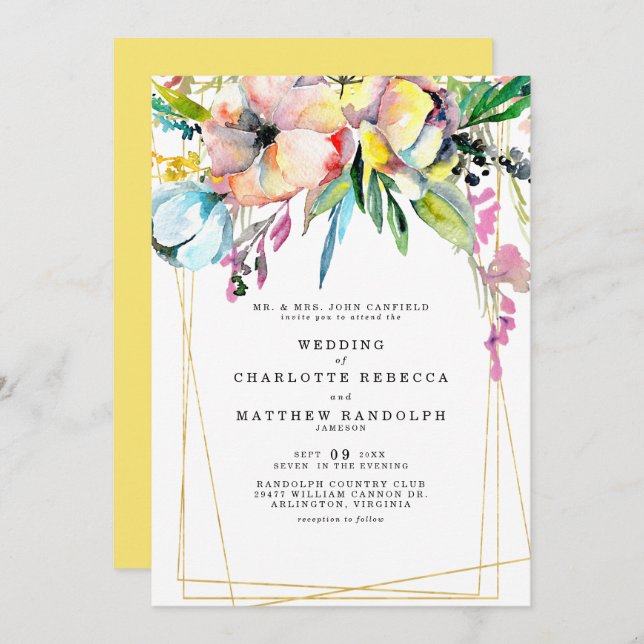Wildflower Multicolor Floral Parent Yellow Wedding Invitation (Front/Back)