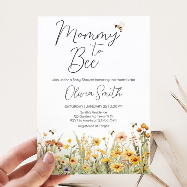 Wildflower Mummy to Bee Baby Shower Invitation (Mommy to Bee Wildflower Baby Shower Invitation)